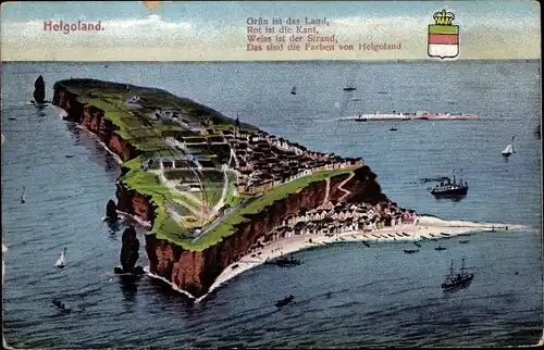 Ak Nordseeinsel Helgoland, Gesamtansicht, Dampfer, Segelboot, Wappen
