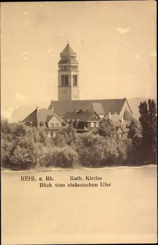 Ak Kehl am Rhein, Katholische Kirche, Blick vom elsässischen Ufer