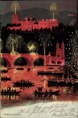 Ak Heidelberg am Neckar, Brücke, Feuerwerk, Ruderboote