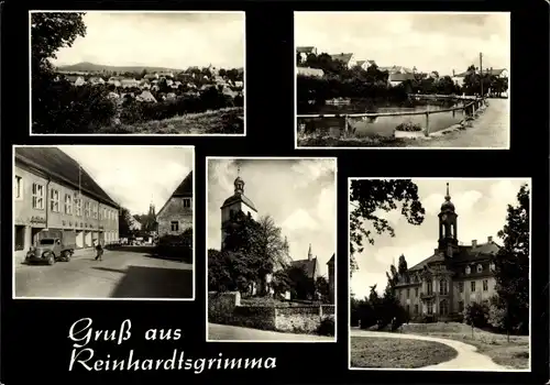 Ak Reinhardtsgrimma Glashütte in Sachsen, Gesamtansicht, Schloss, Kirche, Straßenpartie, Lastwagen