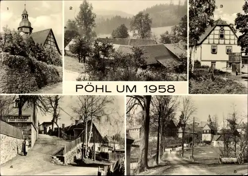 Ak Pöhl Vogtland, um 1958, Kirche, Gansmühle, Gasthaus zum Triebtal, Teilansicht der Stadt