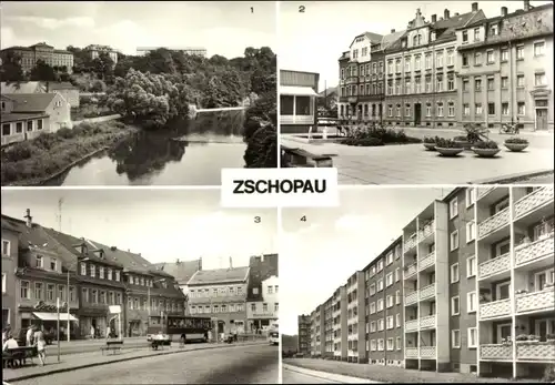 Ak Zschopau im Erzgebirge Sachsen, An der Zschopau, Rudolf-Breitscheid-Str., Leninplatz, Lessingstr.