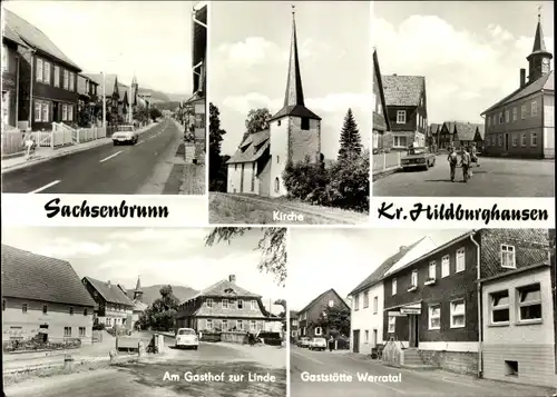 Ak Sachsenbrunn Eisfeld in Thüringen, Am Gasthof zur Linde, Gaststätte Werratal, Kirche