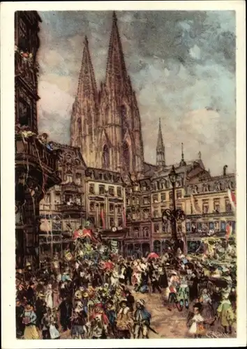 Ganzsachen Künstler Ak Köln am Rhein, Karneval, Festumzug, Dom