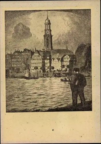 Künstler Ak Thämer, Otto, Hamburg Mitte Neustadt, Michaeliskirche mit Vorsetzen, Dampfer