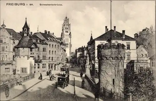 Ak Freiburg im Breisgau, Schwabentorbrücke, Straßenbahn