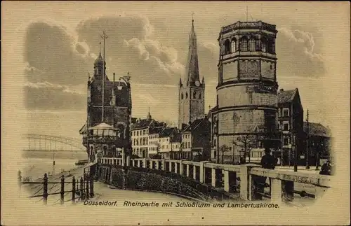 Mondschein Ak Düsseldorf am Rhein, Rheinpartie mit Schlossturm und Lambertuskirche