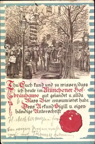 Litho München, Kgl. Hofbrauhaus München, Gäste im Hof, Bierfass, Urkunde
