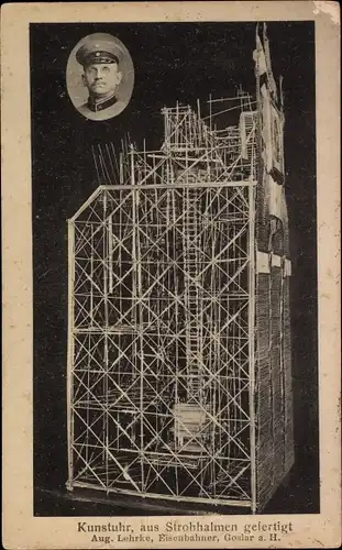 Ak Goslar am Harz, Kunstuhr aus Strohhalmen gefertigt, Aug. Lehrke, Eisenbahner