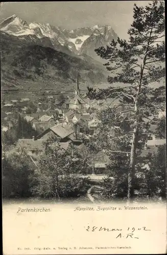 Ak Garmisch Partenkirchen in Oberbayern, Alpspitze, Zugspitze und Waxenstein, Panorama