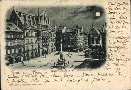 Mondschein Ak München, Neues Rathaus m. Mariensäule