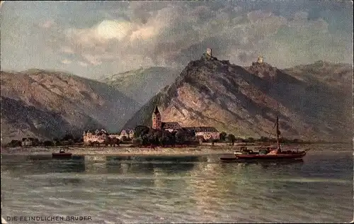 Künstler Ak Astudin, N., Bornhofen Rhein, Die feindlichen Brüder, Burg Liebenstein, Burg Sterrenberg