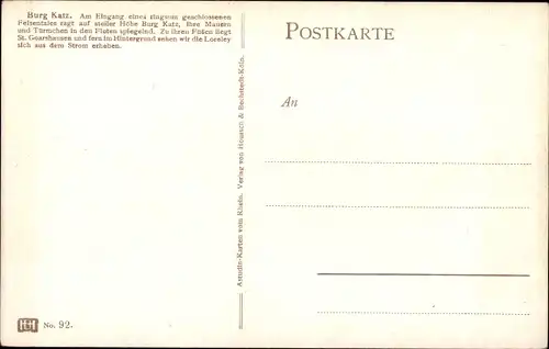 Künstler Ak Astudin, N., St. Goarshausen, Burg Katz, Blick ins Tal, Rhein
