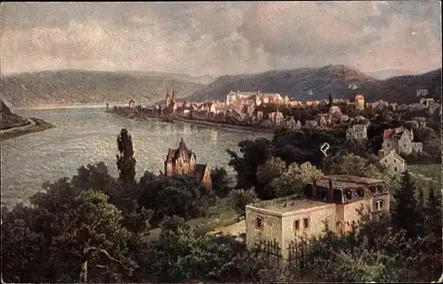 Künstler Ak Astudin, Boppard am Rhein, Blick zur Stadt, Flusspartie, Berge