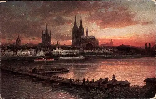 Künstler Ak Astudin, Köln am Rhein, Abendrot, Brücke, Dom, Flussdampfer