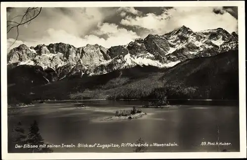 Ak Grainau in Oberbayern, Eibsee, Inseln, Blick auf Zugspitze, Riffelwände u. Waxenstein