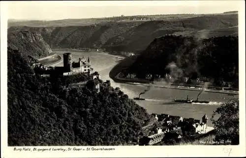 Ak Sankt Goarshausen am Rhein, Burg Katz, Blick gegen d. Loreley, St. Goar