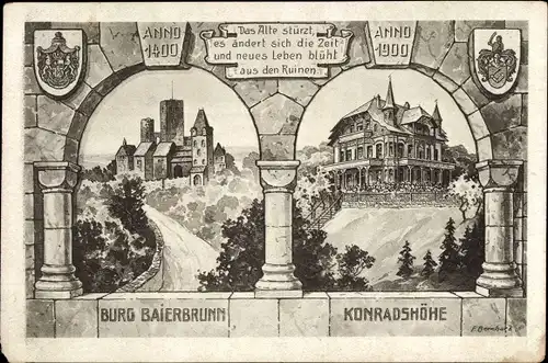 Künstler Ak Baierbrunn Oberbayern, Konradshöhe, Wappen, Burg Baierbrunn