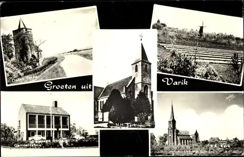Ak Varik Gelderland Niederlande, Ouden Toren, R. K. Kerk, Molen, Gemeentehuis, N. H. Kerk