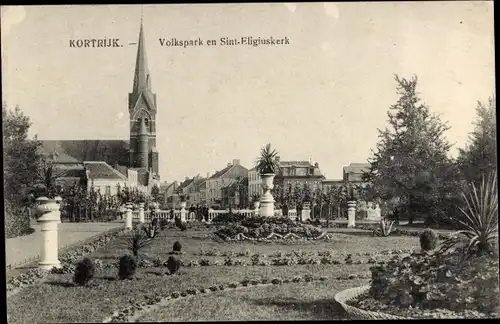 Ak Kortrijk Courtrai Westflandern, Volkspark en Sint Eligiuskerk