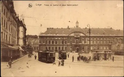 Ak Liège Lüttich Wallonien, Palais de Justice et place Saint Lambert, Straßenbahnen