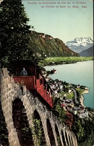 Ak Territet Montreux Kt. Waadt, le funiculaire, Chateau de Chillon et la Dent du Midi