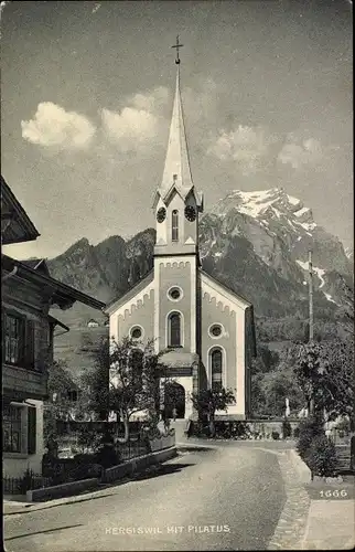 Ak Hergiswil Kt Nidwalden, Kirche mit Pilatus