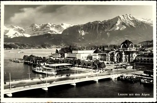 Ak Luzern Stadt Schweiz, Seebrücke und Bahnhof mit den Alpen