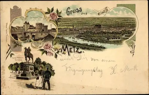 Litho Metz Moselle, Deutsches Tor, Kaiser-Wilhelm-Denkmal, Panorama