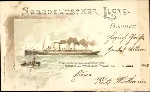 Litho Doppelschrauben-Schnelldampfer Kaiser Wilhelm der Große, Norddeutscher Lloyd NDL