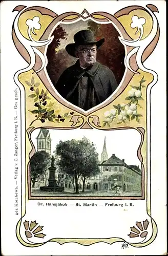 Jugendstil Passepartout Ak Freiburg im Breisgau, Portrait Dr. Hansjakob, St. Martin