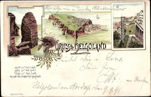 Vorläufer Litho Nordseeinsel Helgoland, Totalansicht, Grün ist das Land, rot ist die Kant...