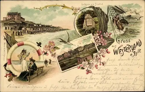 Litho Westerland auf Sylt, Strand, Denkstein auf dem Friedhof, Schiffbrüchige