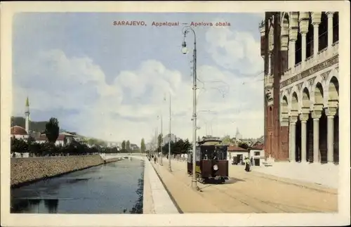 Ak Sarajevo Bosnien Herzegowina, Appelquai, Straßenbahn
