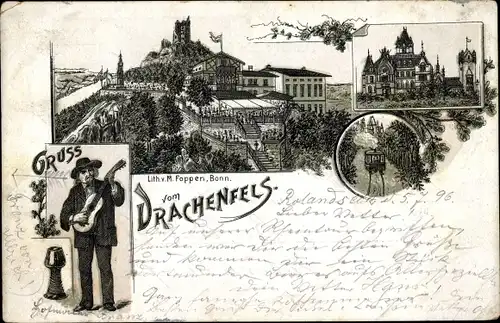 Litho Königswinter am Rhein, Drachenfels, Straßenbahn, Mann spielt Gitarre