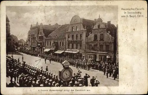 Ak Tschernjachowsk Insterburg Ostpreußen, Russische Parade 1914, General Rennenkampf, Zarenhoch