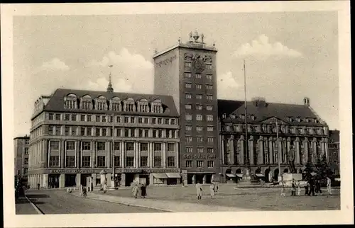 Ak Leipzig in Sachsen, Hochhaus am Karl-Marx-Platz, Stalindenkmal