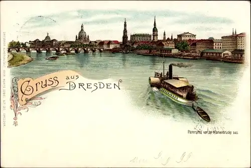 Litho Dresden Altstadt, Panorama von der Marienbrücke, Dampfschiff, Elbbrücke