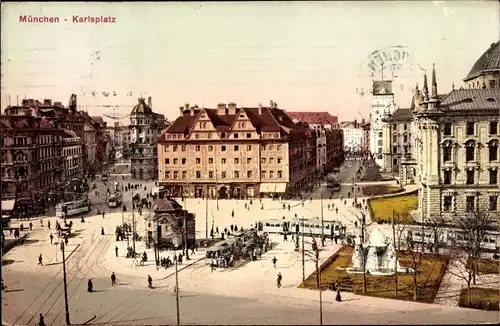 Ak München, Karlsplatz, Brunnen, Straßenbahn