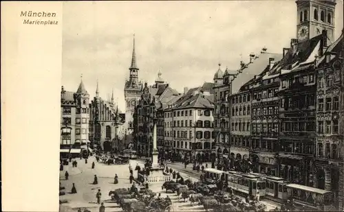 Ak München, Marienplatz, Straßenbahnen, Denkmal