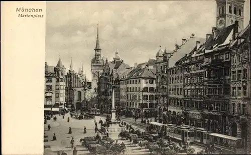 Ak München, Marienplatz, Straßenbahnen, Denkmal