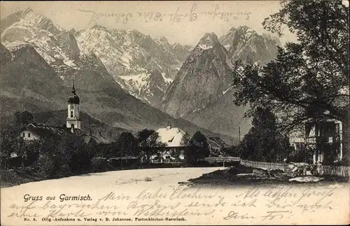 Ak Garmisch Partenkirchen in Oberbayern, Panorama mit Kirche