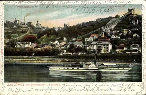 Ak Dresden Loschwitz, Salondampfer Pillnitz, Schwebebahn, Drahtseilbahn, vom Schillergarten aus