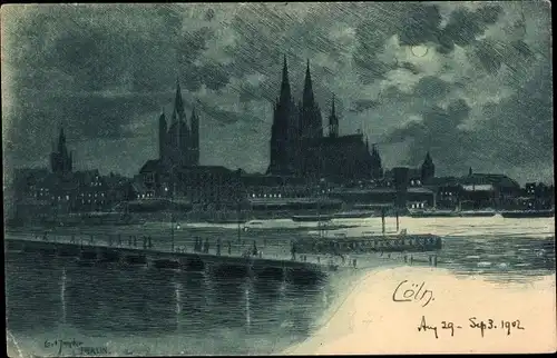 Künstler Ak Jander, Carl, Köln am Rhein, Dom, Brücke, Schiff, Nacht