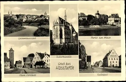Ak Haßfurth in Unterfranken, Gesamtansicht, Obere Vorstadt, Partie am Main, Rathaus, Ritterkapelle