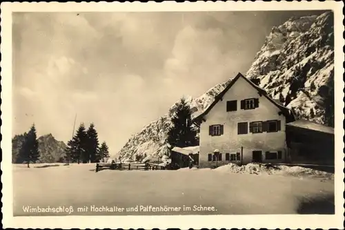 Ak Berchtesgaden Oberbayern, Wimbachschloss m. Hochkalter, Palfenhörner im Schnee