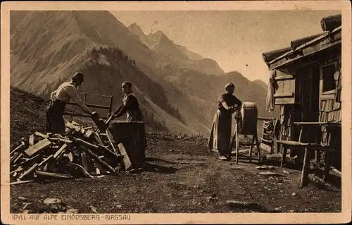 Ak Birgsau Oberstdorf im Oberallgäu, Idyll auf Alpe Einödsberg, Holzhacker, Butterfass