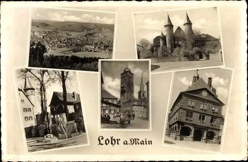 Ak Lohr am Main Unterfranken, Panorama, Kirche, Denkmal, Rathaus