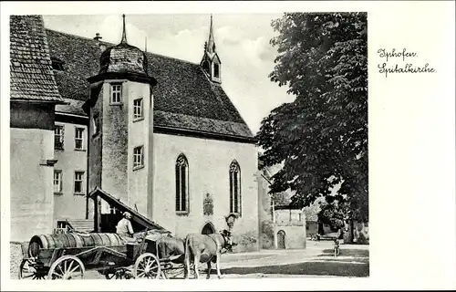 Ak Iphofen in Unterfranken, Spitalkirche, Fuhrwerk