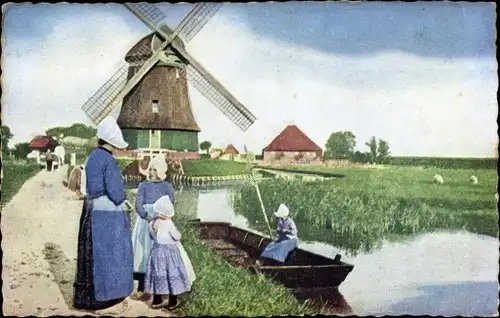 Ak Volendam Nordholland Niederlande, Volkstrachten, Windmühle